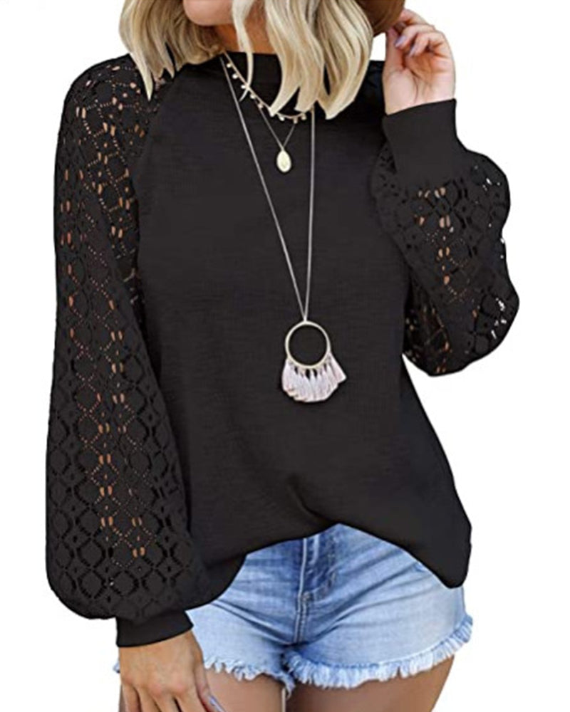 Long Sleeve Lace Loose Shirt Black Sweatshirts & Hoodies - Tophatter Daily Deals