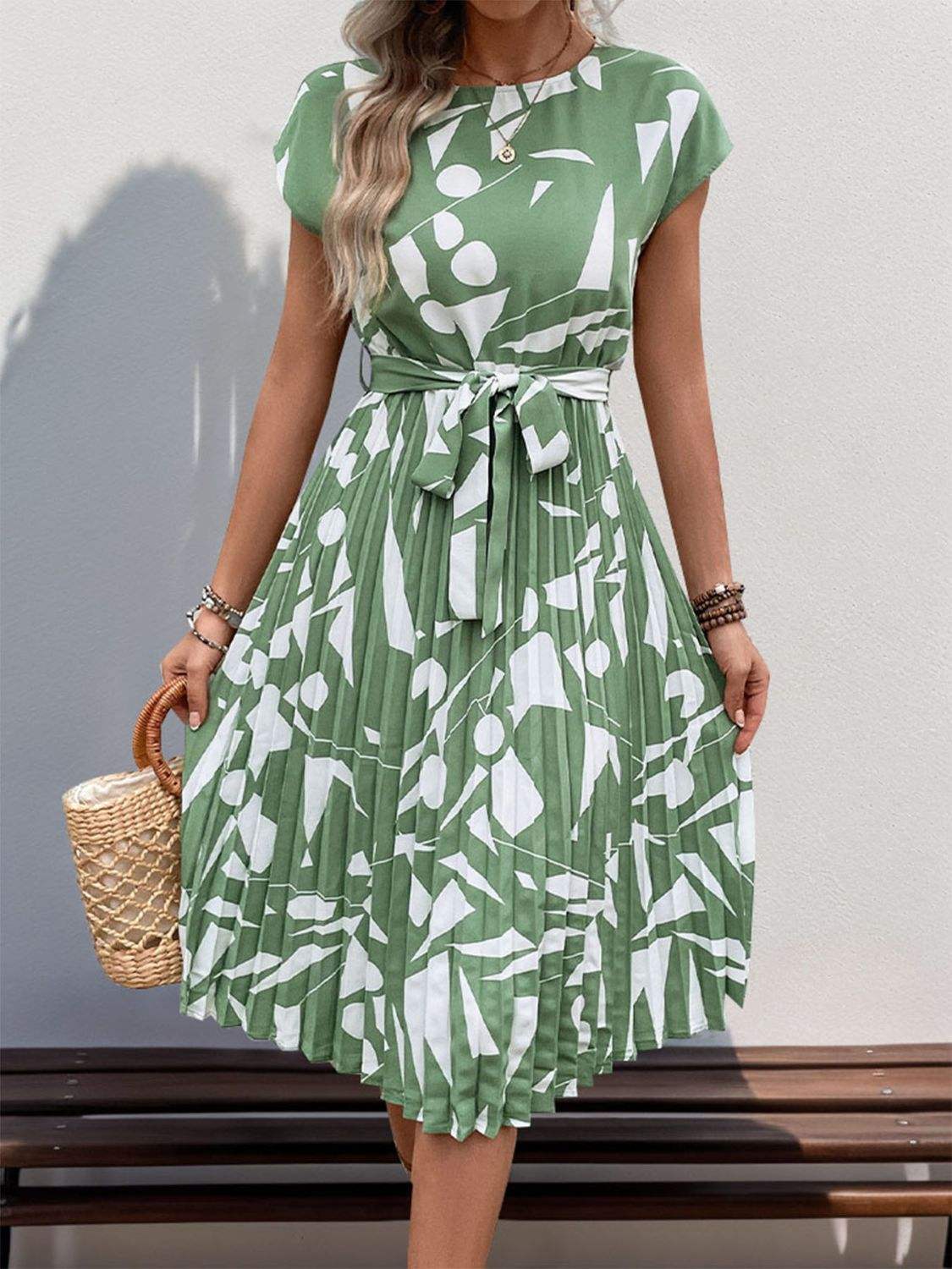 Tied Pleated Printed Cap Sleeve Dress - Tophatter Deals