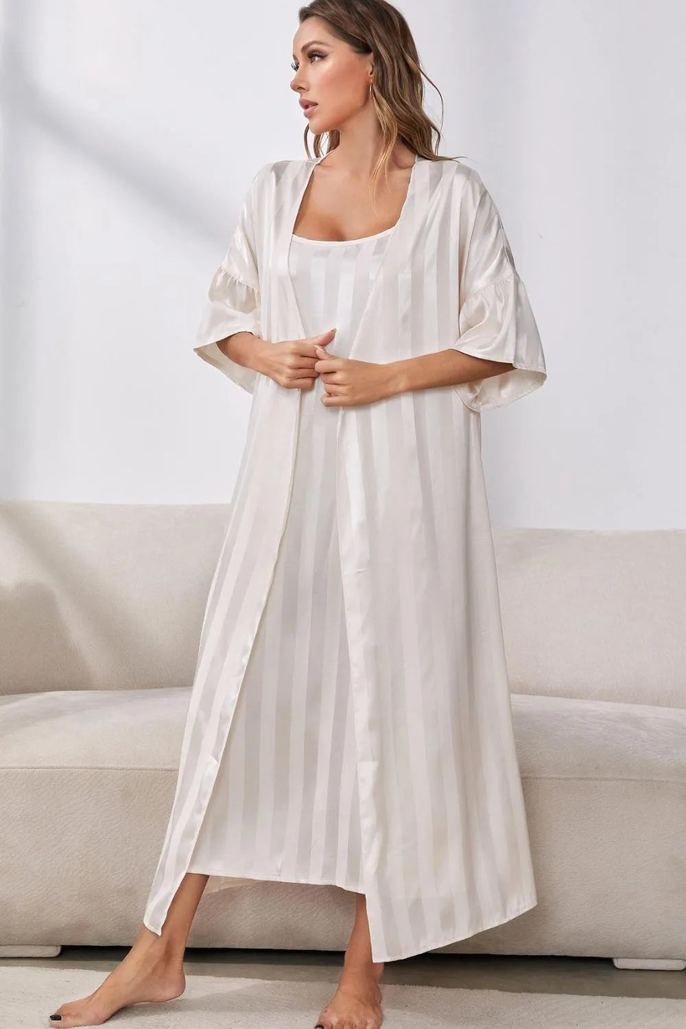 Striped Flounce Sleeve Open Front Robe and Cami Dress Set Loungewear Sets - Tophatter Daily Deals