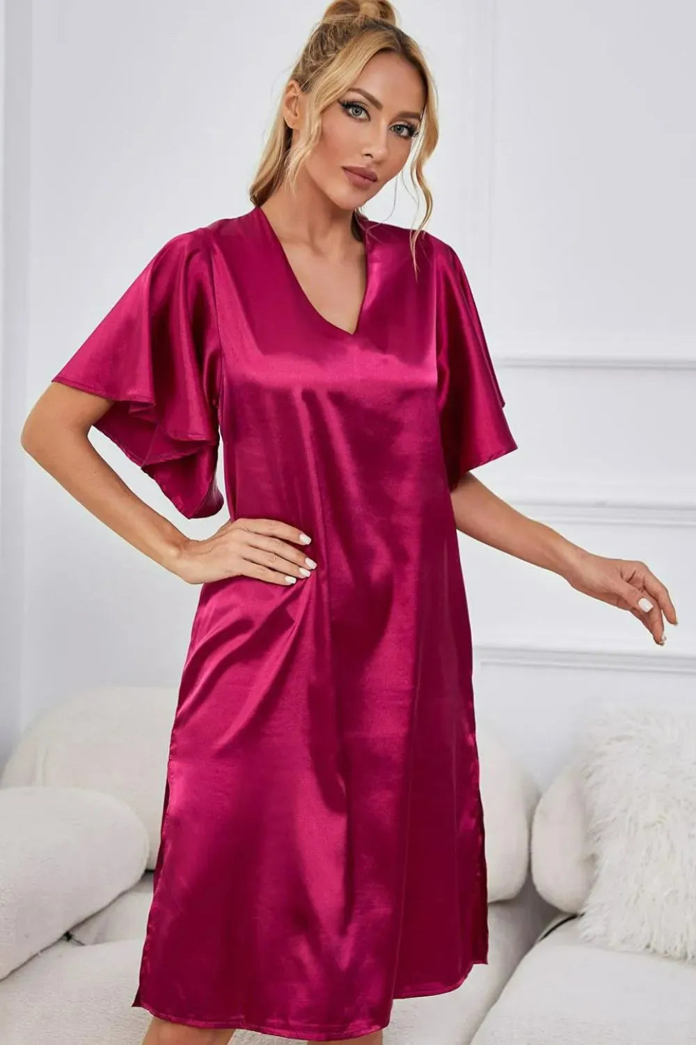 Satin Flutter Sleeve Side Slit V-Neck Night Dress Sleep Dresses - Tophatter Daily Deals