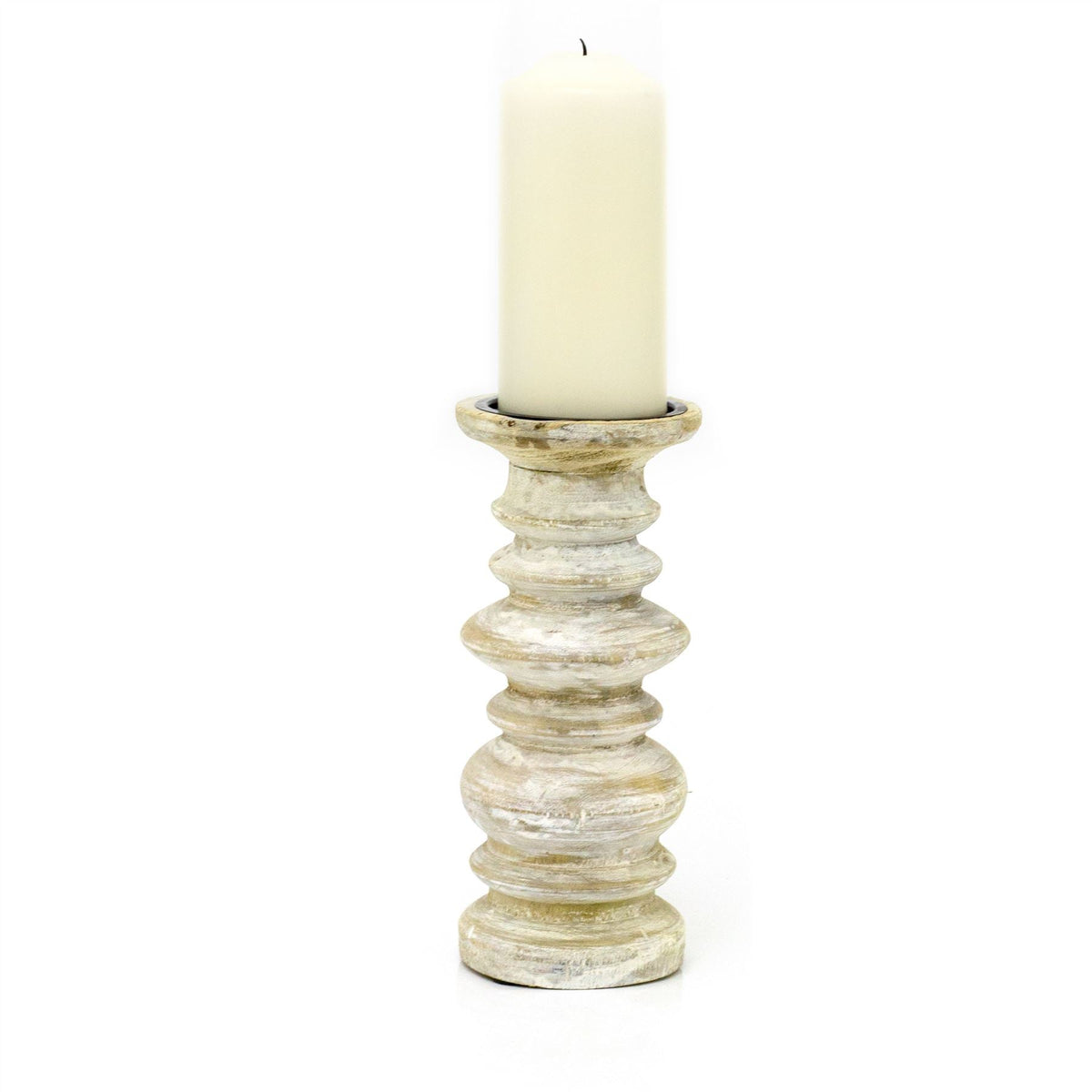 24cm Traditional Wooden Church Pillar Candle Holder | Whitewashed Spike Wood Candlestick Holder | Rustic Style Candle Stick Holders Wooden Candle Stand Candlestick - Tophatter Daily Deals