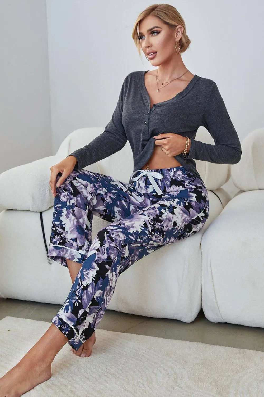 V-Neck Henley Top and Floral Pants Lounge Set Floral Loungewear Sets - Tophatter Daily Deals