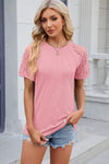 Openwork Round Neck Short Sleeve T-Shirt Blush Pink Women's T-Shirts - Tophatter Daily Deals