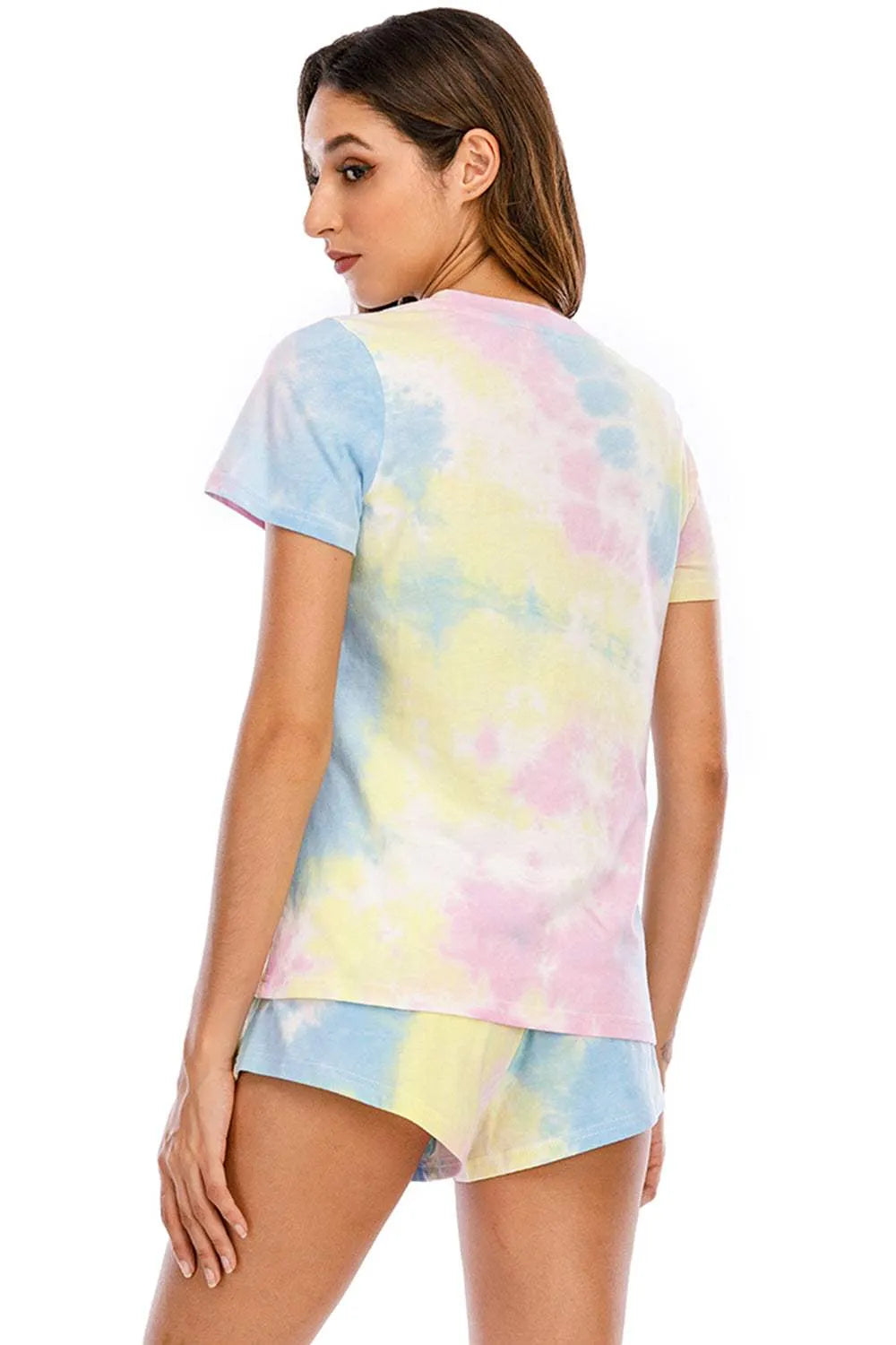 Tie-Dye Round Neck Short Sleeve Top and Shorts Lounge Set Loungewear Sets - Tophatter Daily Deals