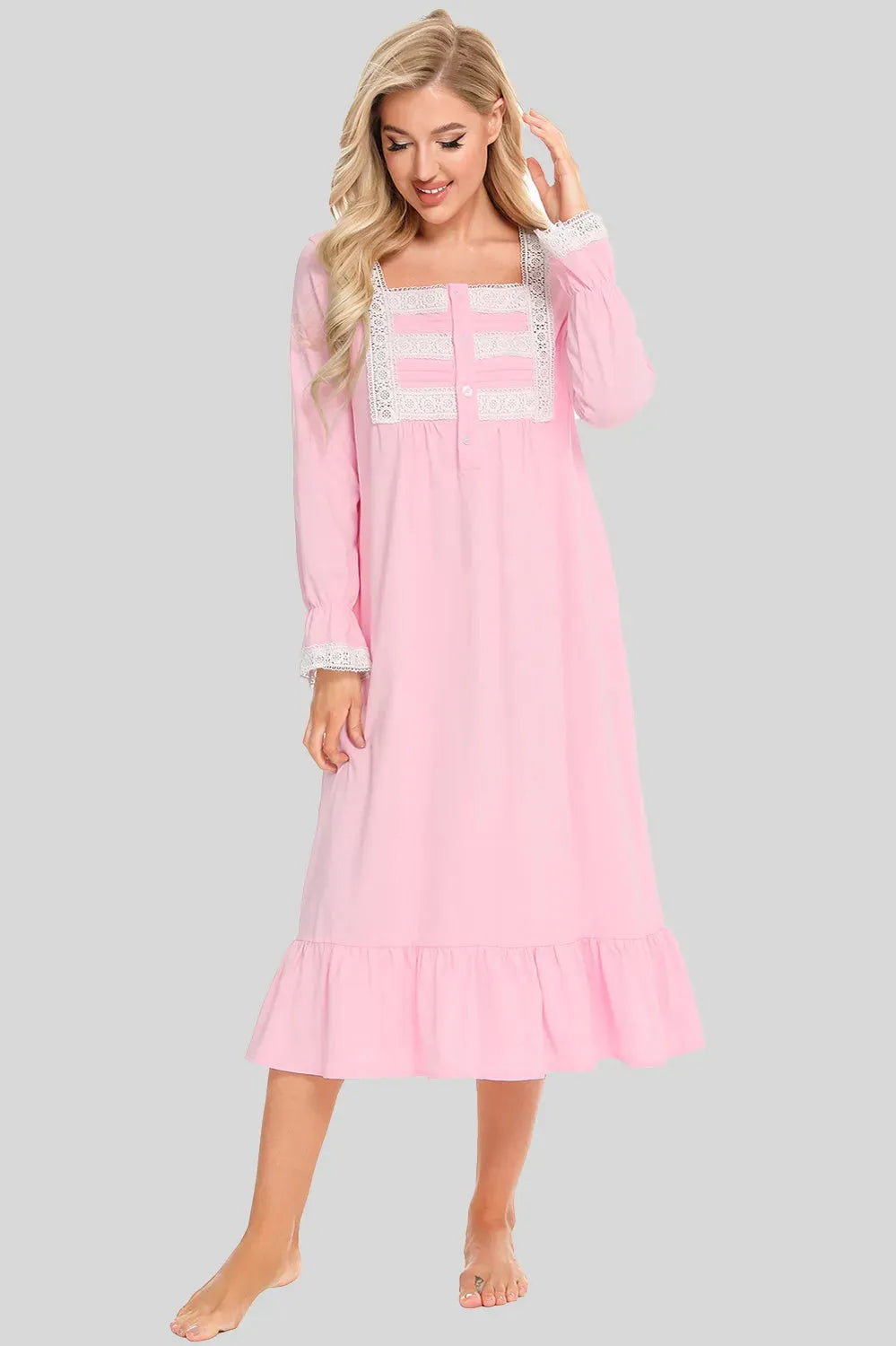 Lace Detail Square Neck Flounce Sleeve Night Dress Dusty Pink Sleep Dresses - Tophatter Daily Deals