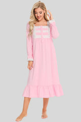 Lace Detail Square Neck Flounce Sleeve Night Dress Dusty Pink Sleep Dresses - Tophatter Daily Deals