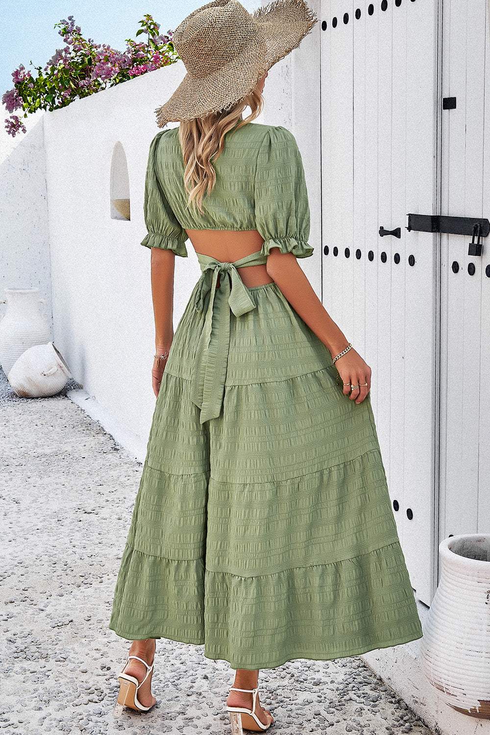 Tie Back Short Sleeve Tiered Dress Casual Dresses - Tophatter Daily Deals