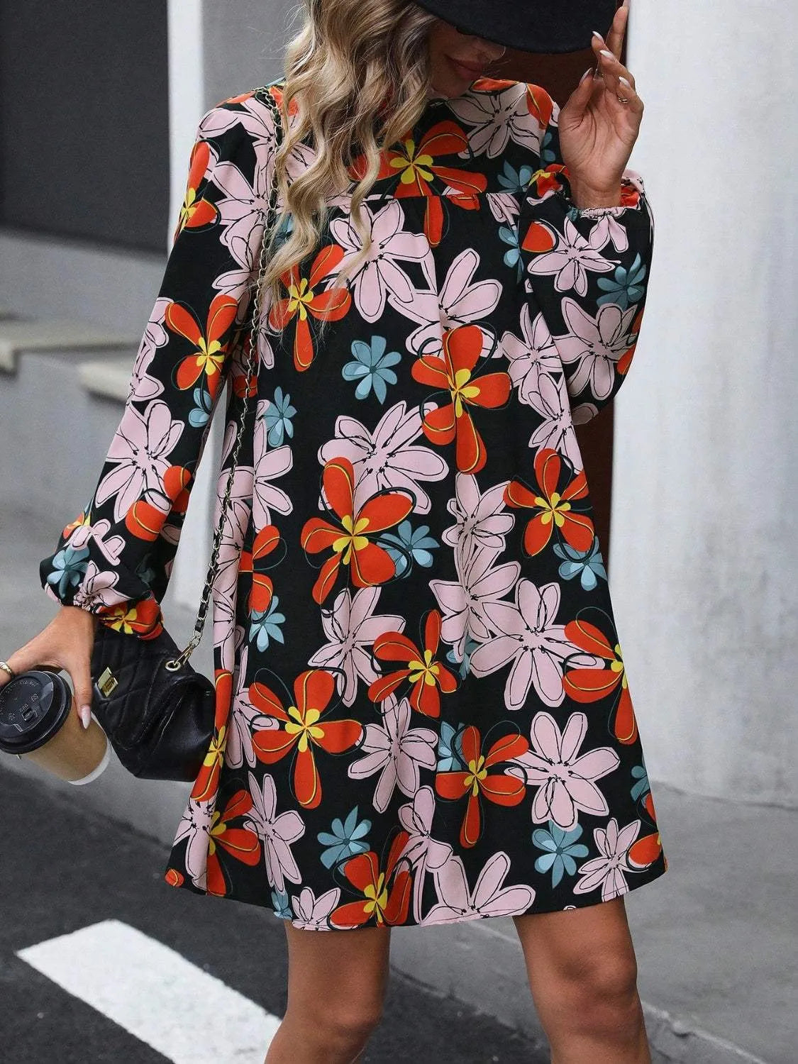 Floral Mock Neck Balloon Sleeve Dress Casual Dresses - Tophatter Daily Deals