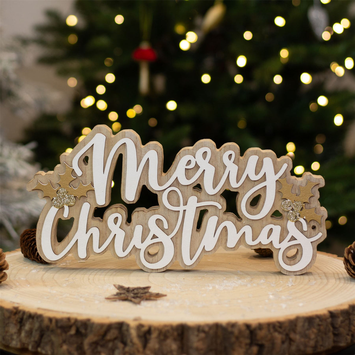 Merry Christmas Wooden Word Block | Festive Freestanding Wooden Letter Sign 30cm Ornament - Tophatter Daily Deals