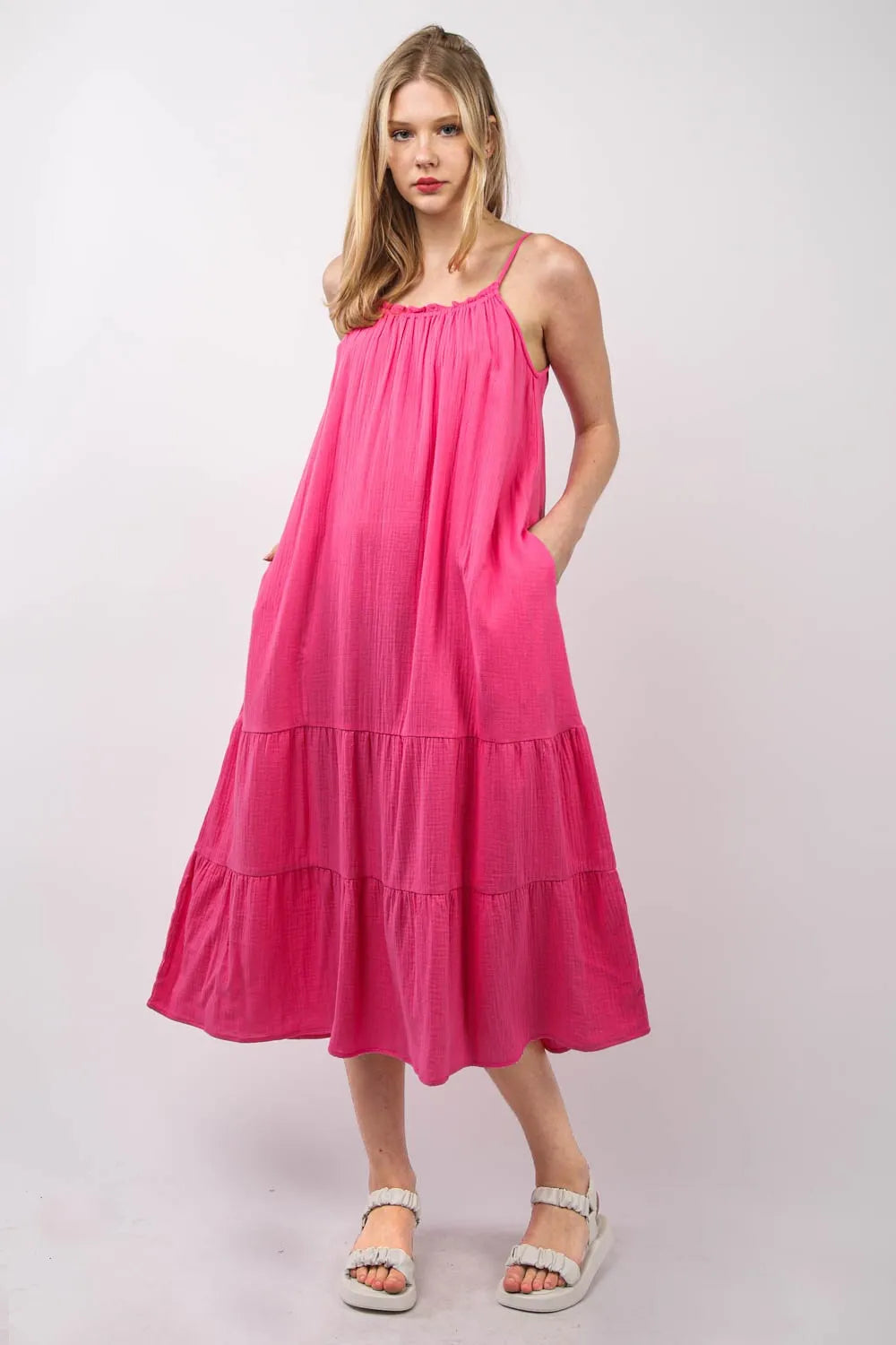 VERY J Ruffled A-Line Midi Cami Dress Fuchsia Casual Dresses - Tophatter Daily Deals