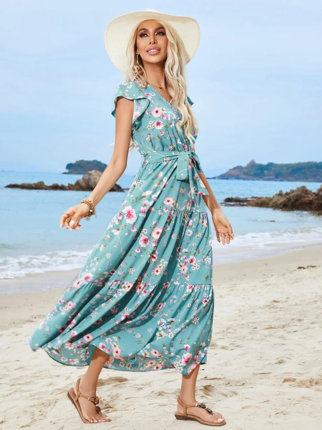 Ruffled Printed Surplice Cap Sleeve Midi Dress Casual Dresses - Tophatter Daily Deals