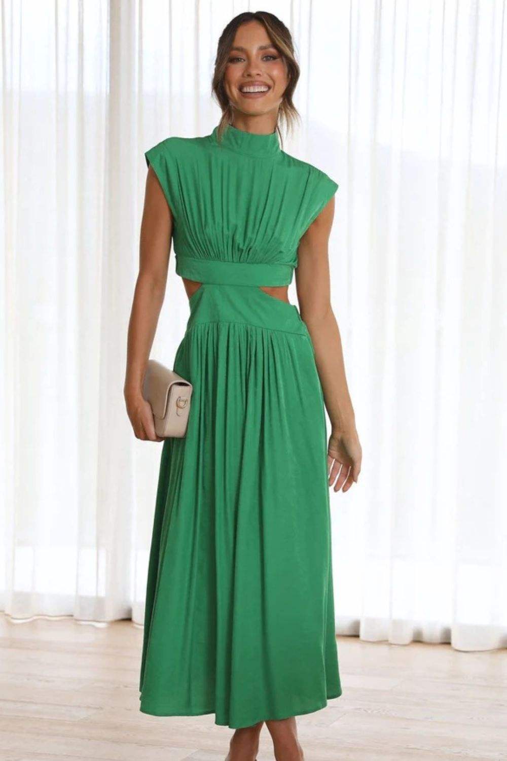 Cutout Mock Neck Sleeveless Ruched Dress Mid Green Cocktail Dresses - Tophatter Daily Deals