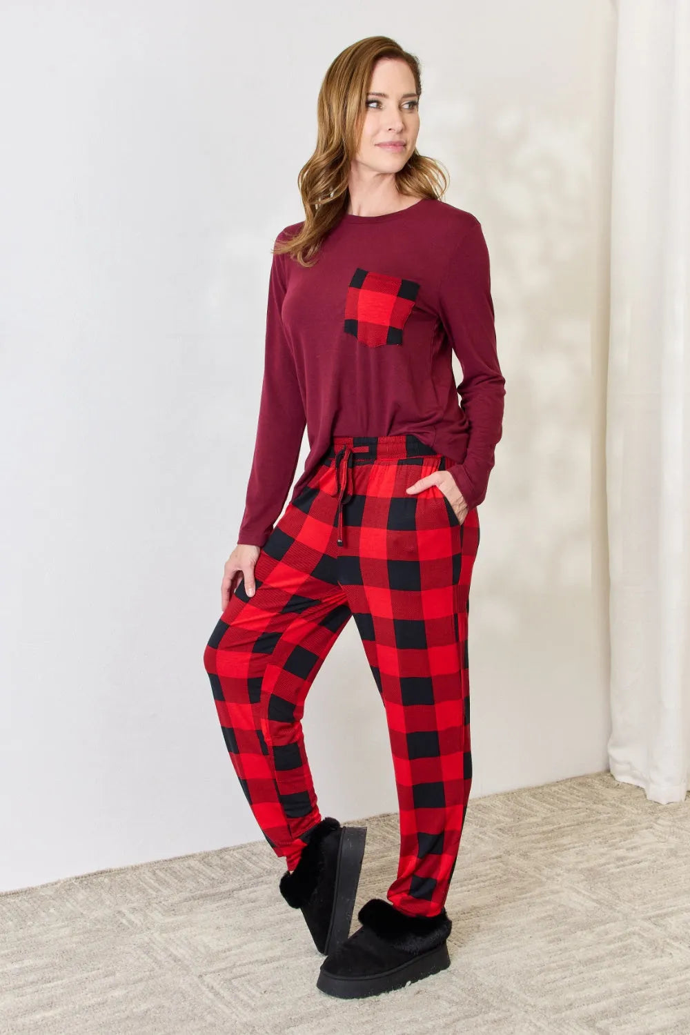 Zenana Full Size Plaid Round Neck Top and Pants Pajama Set Loungewear Sets - Tophatter Daily Deals