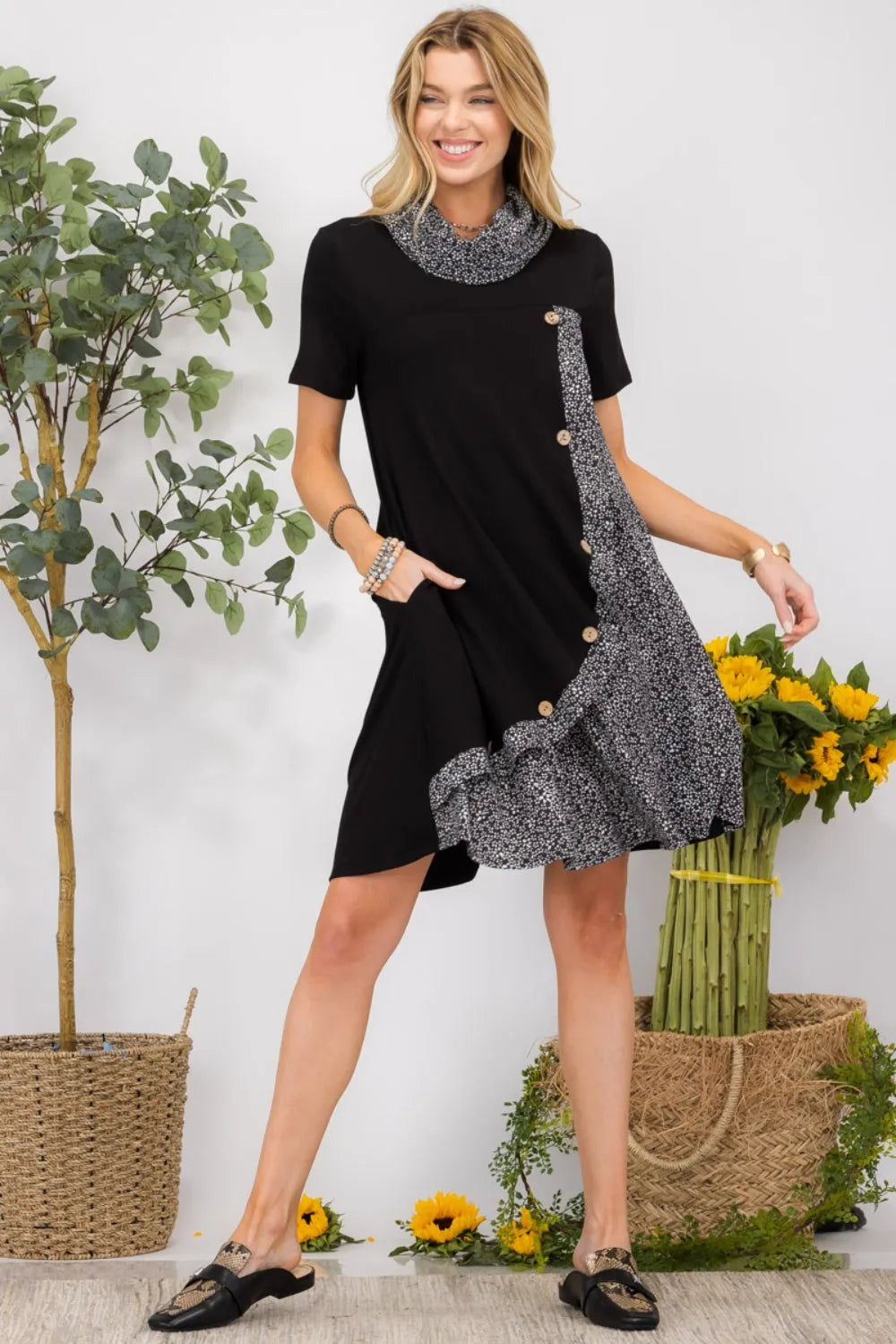 Celeste Full Size Decor Button Short Sleeve Dress with Pockets Black Casual Dresses - Tophatter Daily Deals