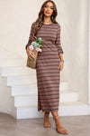 Slit Striped Round Neck Midi Dress Casual Dresses - Tophatter Daily Deals