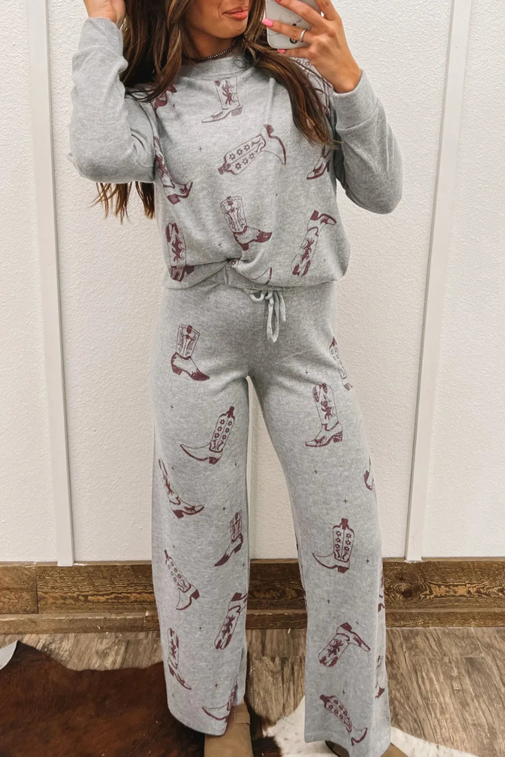 Gray Cowgirl Boots Printed Long Sleeve Top Pants Lounge Set Loungewear & Sleepwear/Loungewear - Tophatter Daily Deals