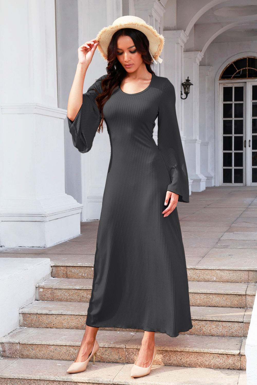 Tie Back Ribbed Round Neck Long Sleeve Dress Casual Dresses - Tophatter Daily Deals