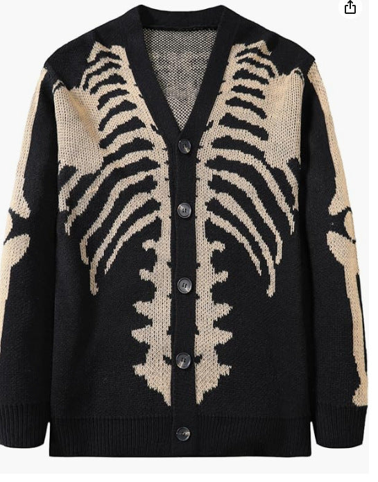 Oversized Men's Jacquard Cardigan - Skeleton Knit, Acrylic Black Khaki 3D Changing Face Moving Picture Frame - Tophatter Daily Deals