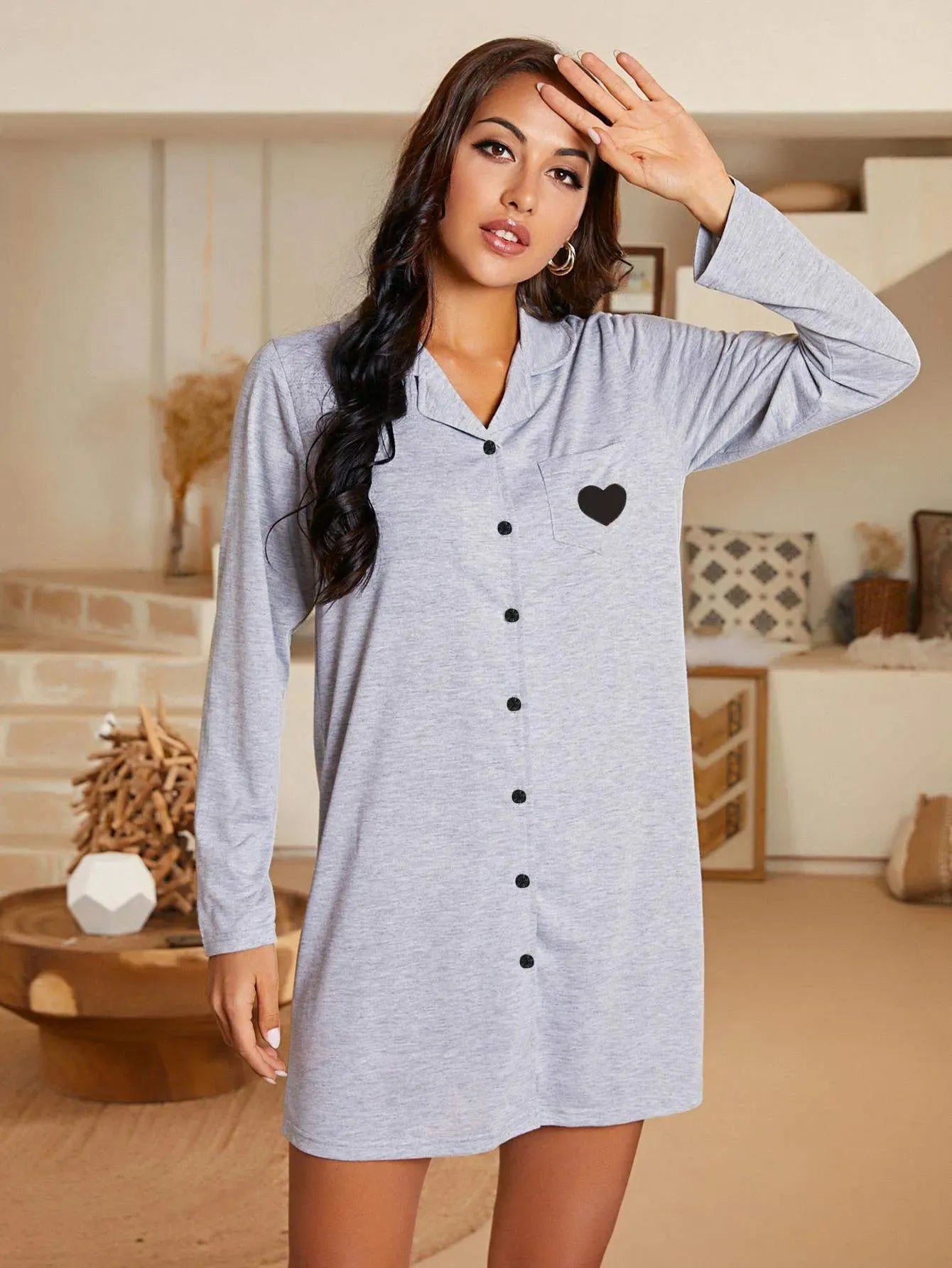 Heart Graphic Lapel Collar Long Sleeve Night Dress Sleep Dresses - Tophatter Daily Deals
