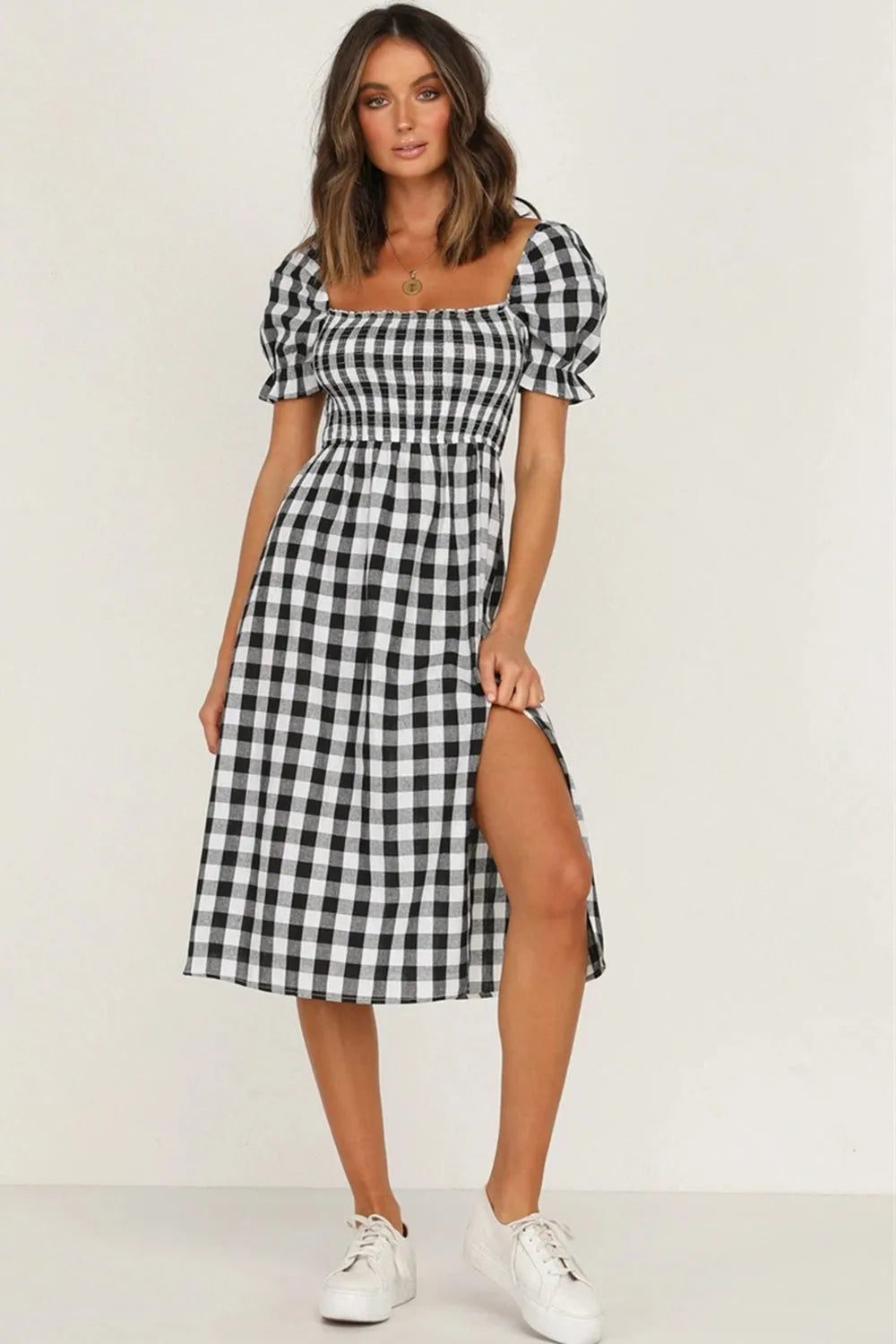 Full Size Slit Plaid Short Sleeve Midi Dress Casual Dresses - Tophatter Daily Deals