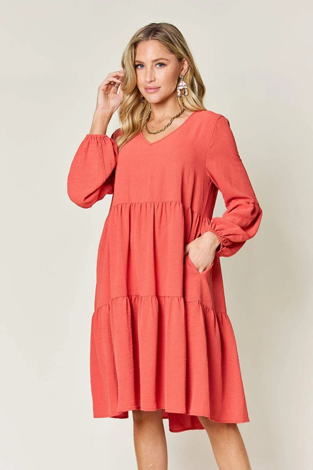 Double Take Full Size V-Neck Balloon Sleeve Tiered Dress Coral Casual Dresses - Tophatter Daily Deals