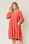 Double Take Full Size V-Neck Balloon Sleeve Tiered Dress Coral Casual Dresses - Tophatter Daily Deals