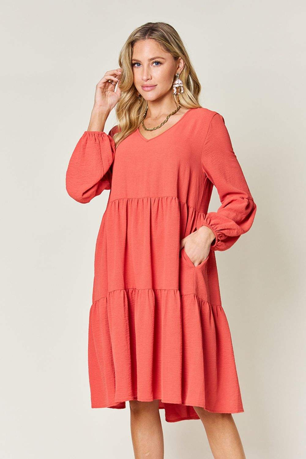 Double Take Full Size V-Neck Balloon Sleeve Tiered Dress Casual Dresses - Tophatter Daily Deals