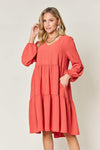 Double Take Full Size V-Neck Balloon Sleeve Tiered Dress Casual Dresses - Tophatter Daily Deals