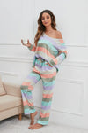 Striped Round Neck Long Sleeve Top and Drawstring Pants Lounge Set Loungewear Sets - Tophatter Daily Deals