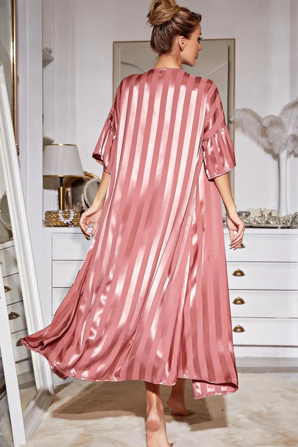 Striped Flounce Sleeve Open Front Robe and Cami Dress Set Loungewear Sets - Tophatter Daily Deals