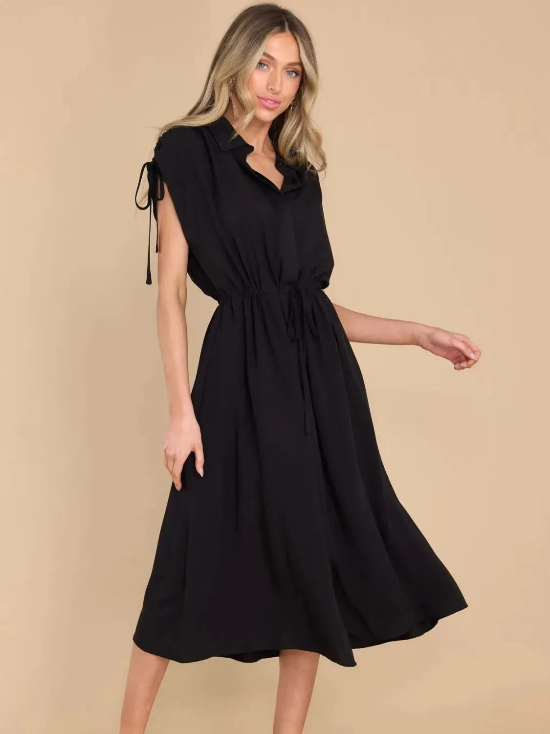 Drawstring Collared Neck Short Sleeve Midi Dress Casual Dresses - Tophatter Daily Deals