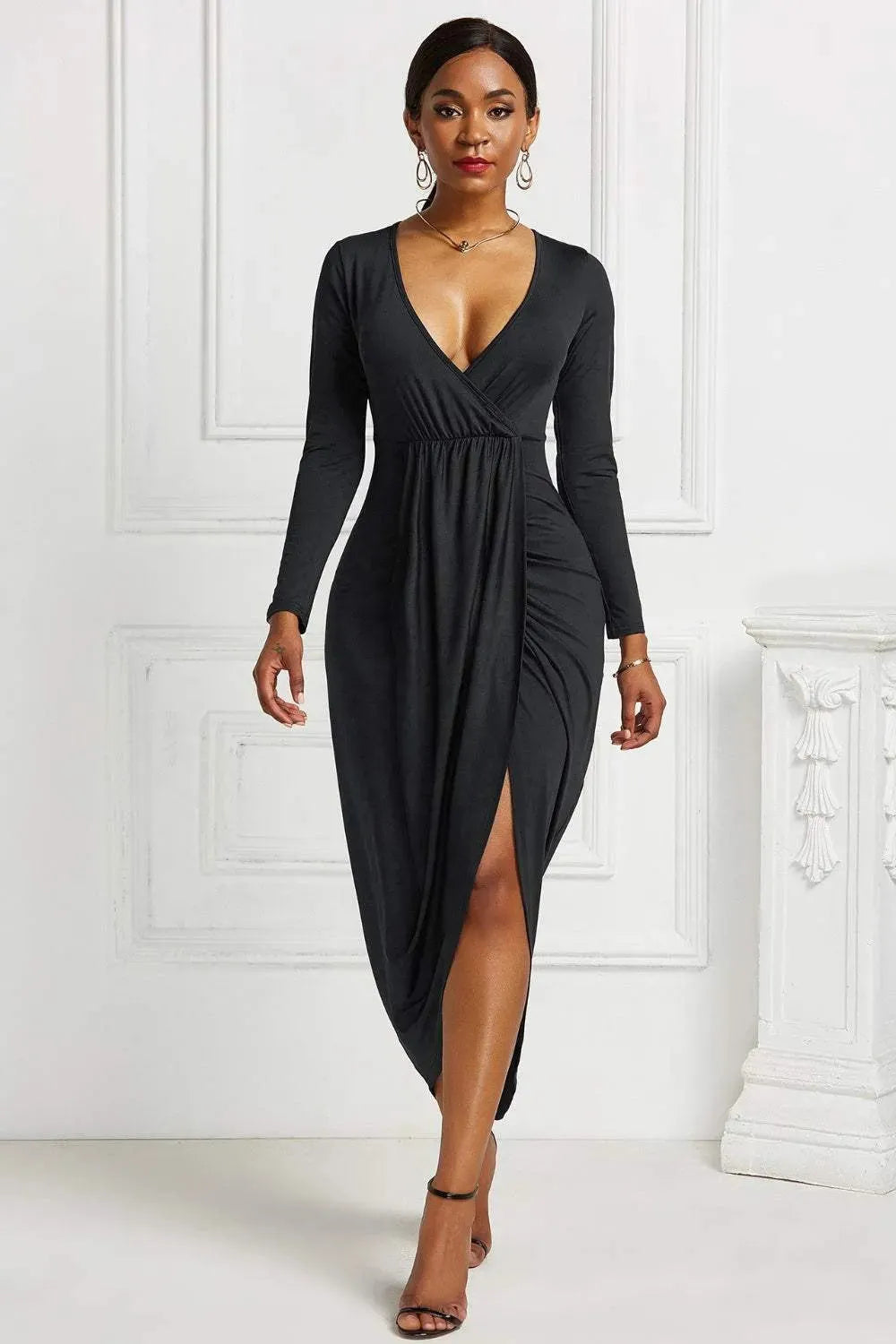 High-low Ruched Surplice Long Sleeve Dress Black Cocktail Dresses - Tophatter Daily Deals