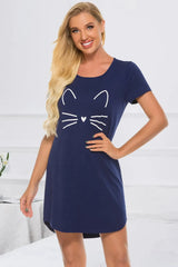 Graphic Round Neck Short Sleeve Lounge Dress Navy Sleep Dresses - Tophatter Daily Deals