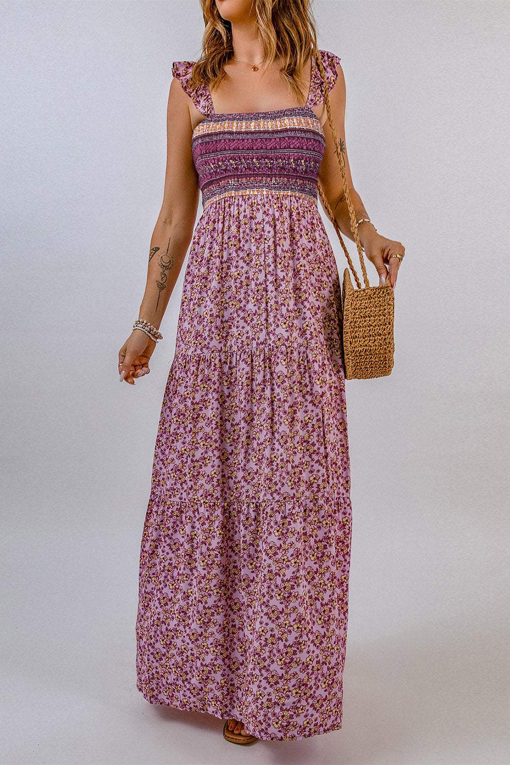 Floral Square Neck Maxi Dress Pink Casual Dresses - Tophatter Daily Deals