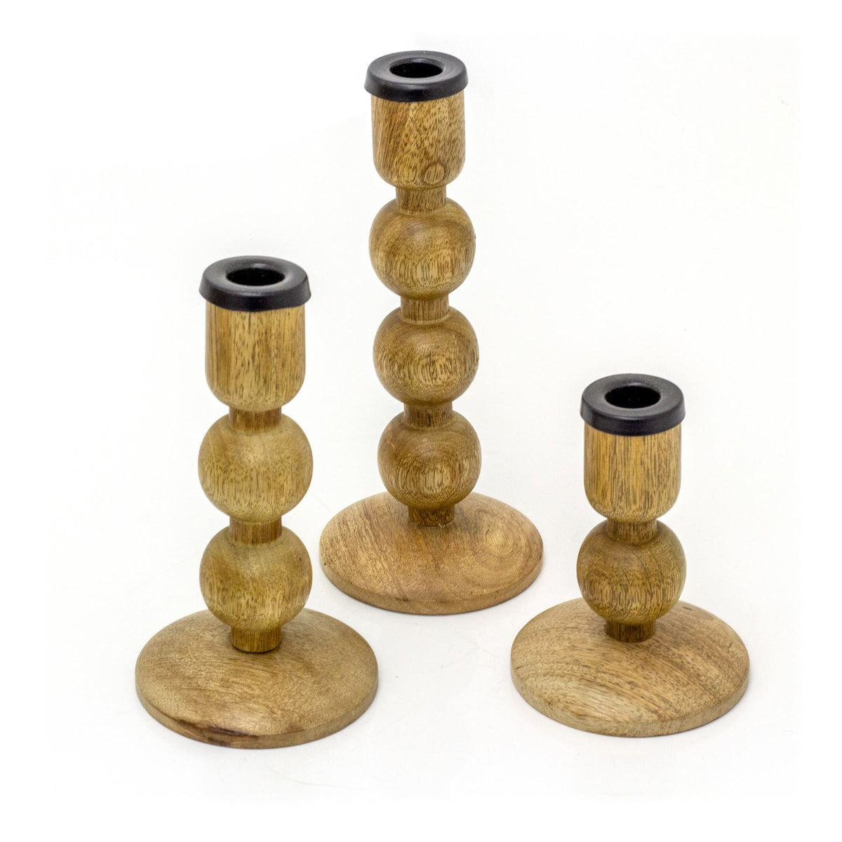 Set Of 3 Mango Wood Candlesticks | 3 Piece Rustic Dinner Candle Stick Holders Candlestick - Tophatter Daily Deals