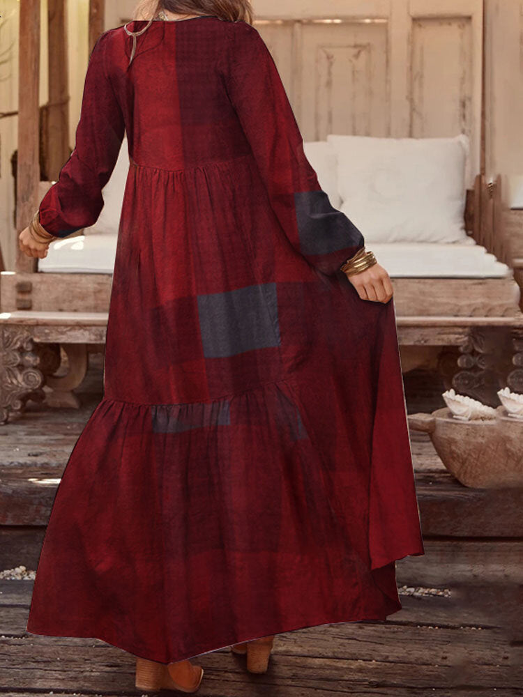 Casual Plaid Notch Neck Long Sleeve Vintage Pocket Women Maxi Dress Maxi Dresses - Tophatter Daily Deals