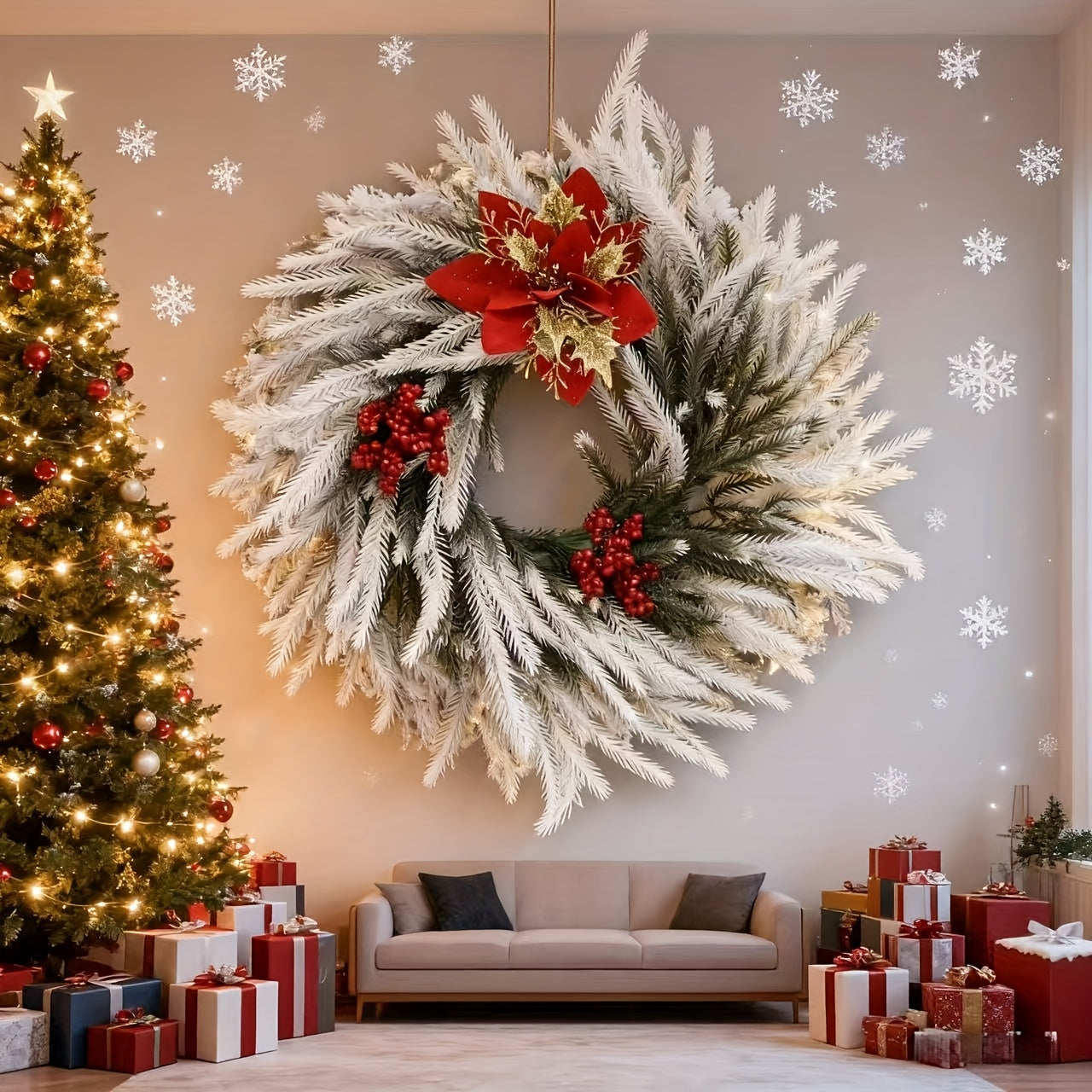 White Christmas Wreath with Red Berries Christmas - Tophatter Daily Deals