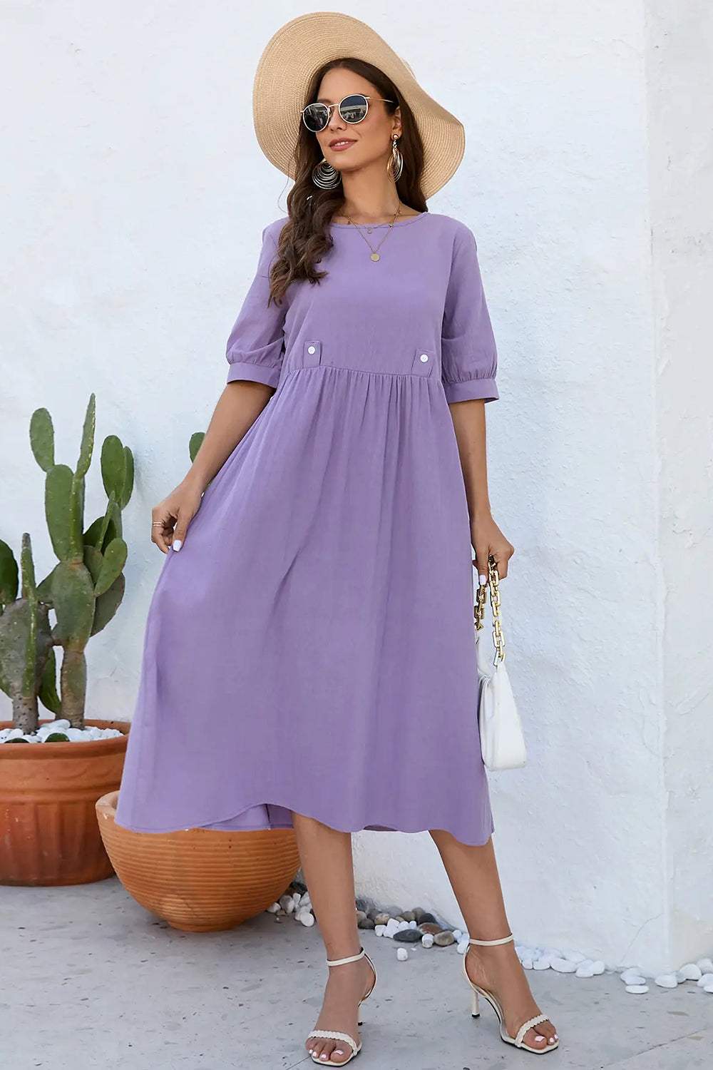 Decorative Button Round Neck Half Sleeve Dress Lavender Casual Dresses - Tophatter Daily Deals