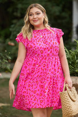 Plus Size Ruffled Leopard Cap Sleeve Mini Dress Hot Pink Casual Dresses - Tophatter Daily Deals
