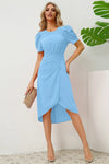 Slit Ruched Round Neck Puff Sleeve Dress Casual Dresses - Tophatter Daily Deals