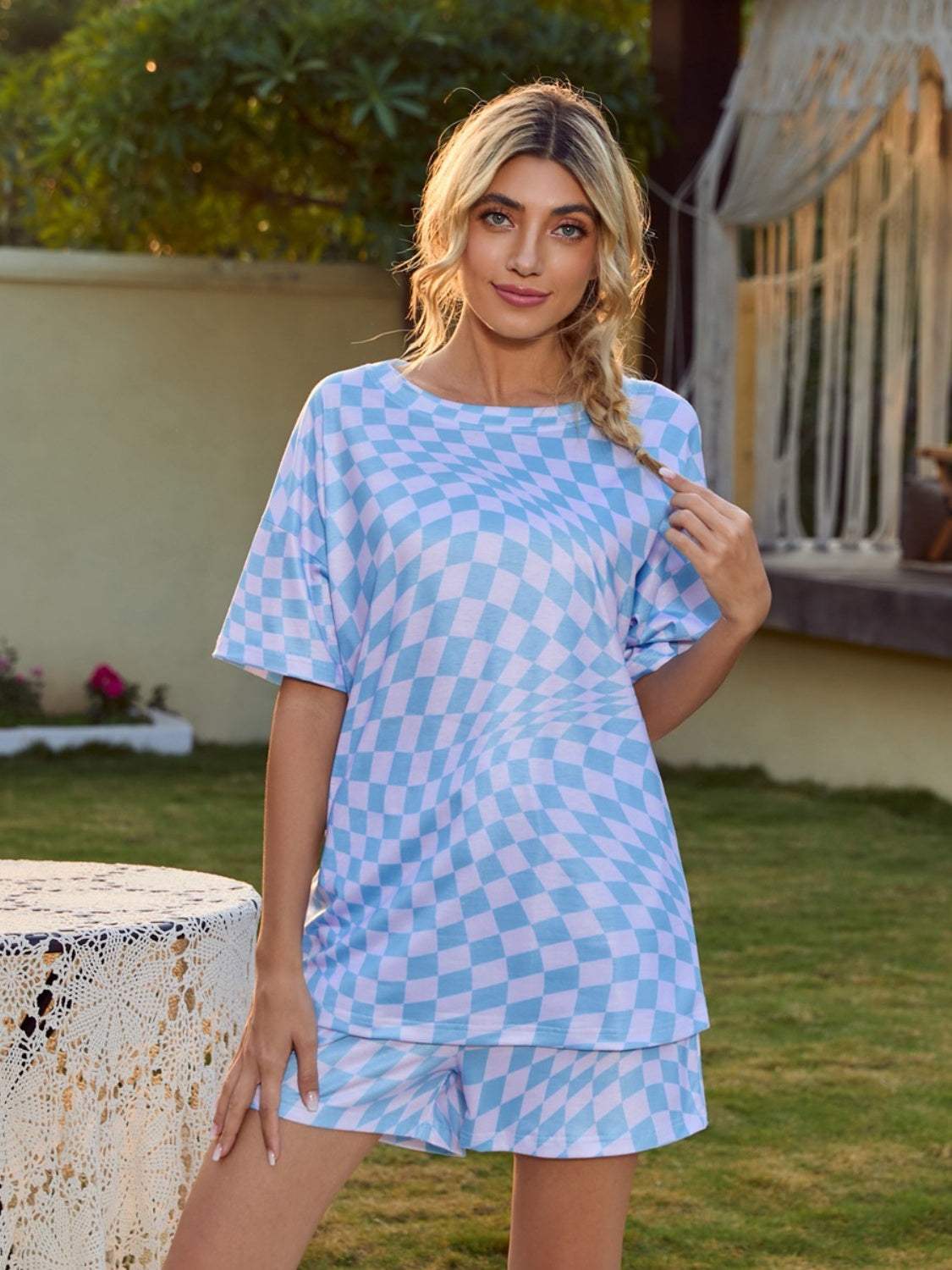 Plaid Round Neck Top and Shorts Lounge Set Light Blue Loungewear Sets - Tophatter Daily Deals