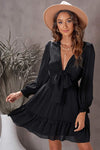 Tied Plunge Smocked Waist Flounce Sleeve Dress Black Casual Dresses - Tophatter Daily Deals