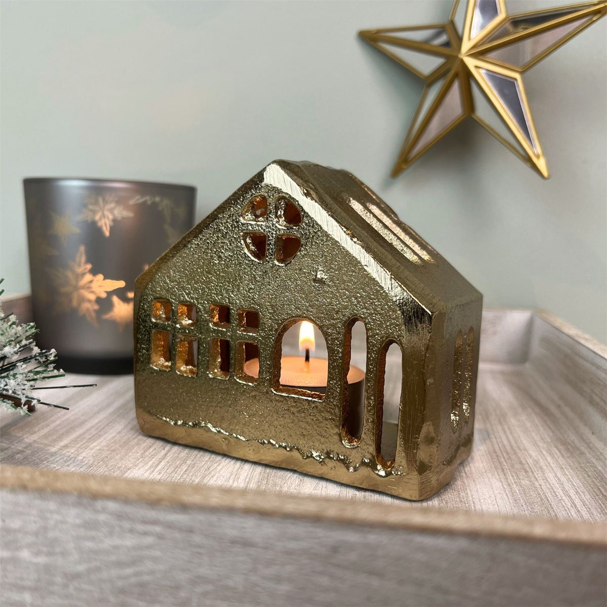 Gold Metal House Shaped Tealight Candle Holder | Christmas Tea Light House Candle Holder - Tophatter Daily Deals