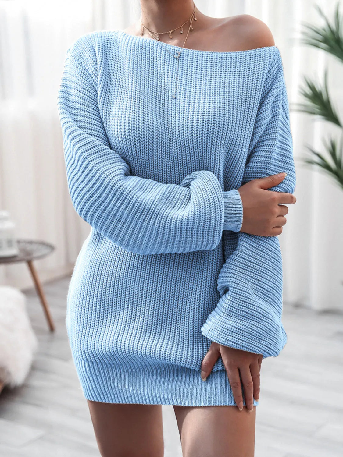 Rib-Knit Mini Sweater Dress Pastel Blue Casual Dresses - Tophatter Daily Deals