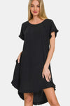 Zenana Fringe Edge High Low Flowy Dress with Pockets Black Casual Dresses - Tophatter Daily Deals