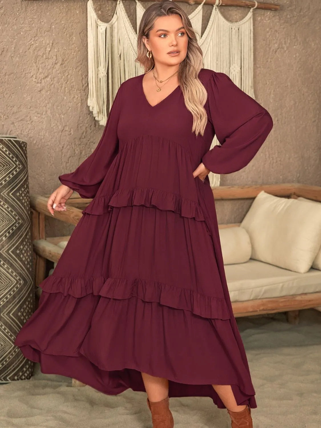 Plus Size Ruffled V-Neck Long Sleeve Dress Casual Dresses - Tophatter Daily Deals