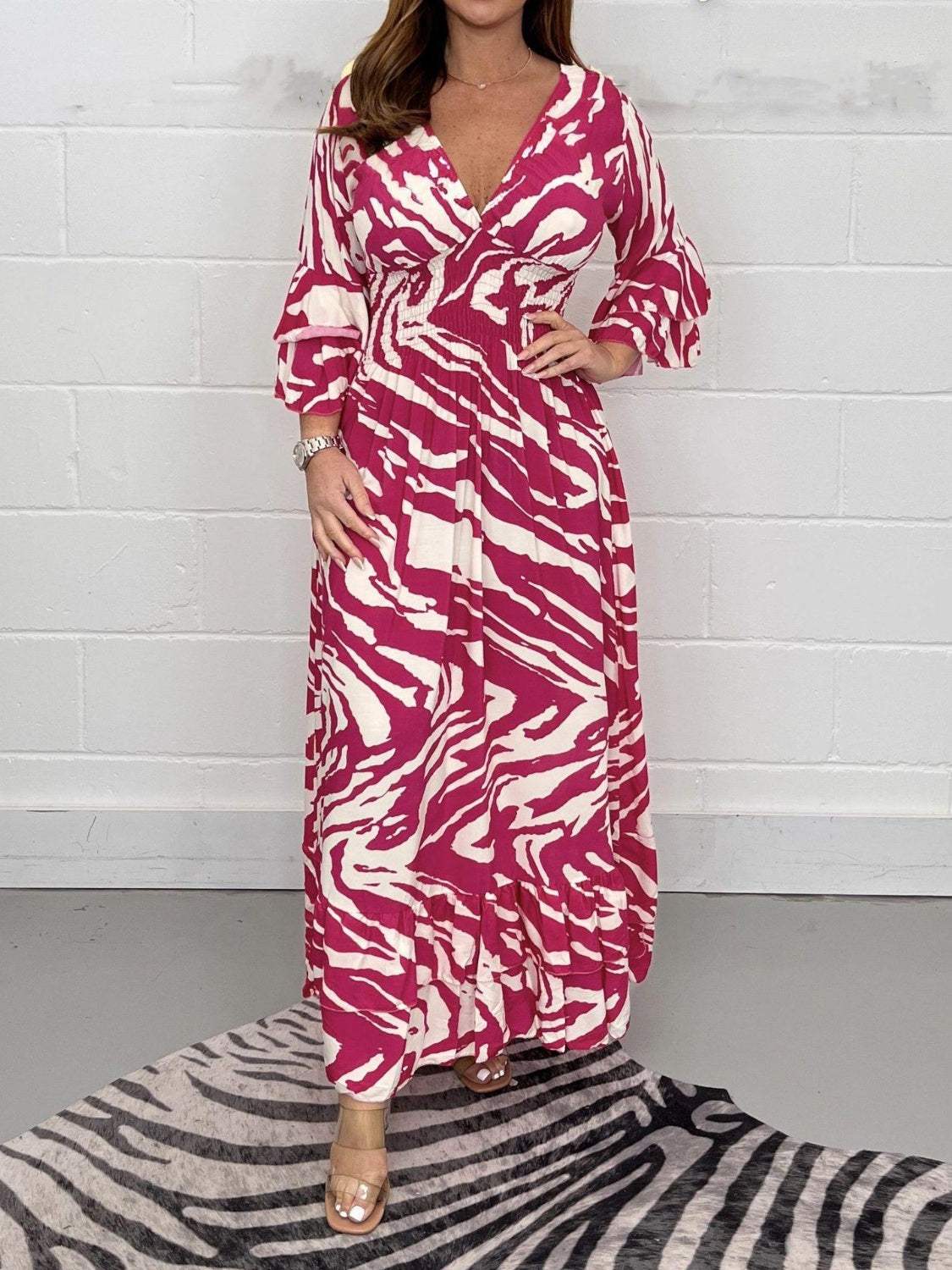 Smocked Printed Flounce Sleeve Maxi Dress Hot Pink Casual Dresses - Tophatter Daily Deals