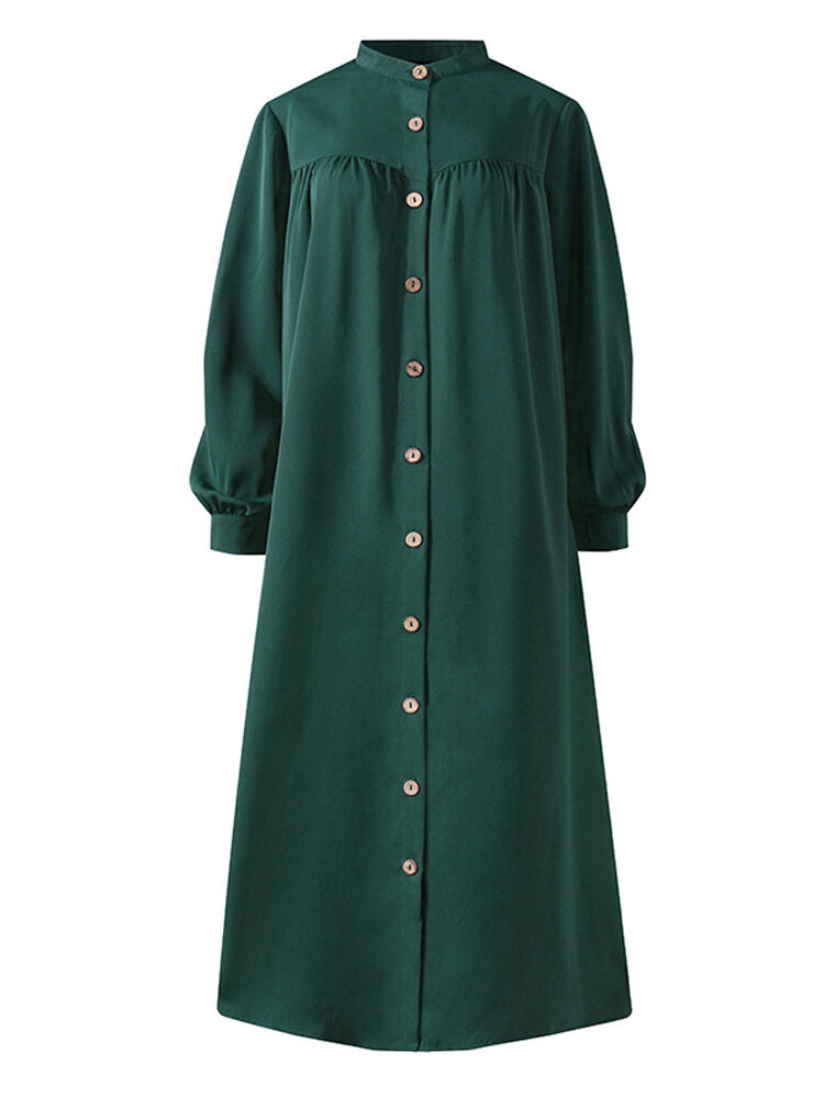 Solid Color Stand Collar Button Down Front Leisure Loose Pockets Women Maxi Dress Maxi Dresses - Tophatter Daily Deals