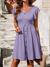 Decorative Button Ruffled V-Neck Dress Lavender Casual Dresses - Tophatter Daily Deals