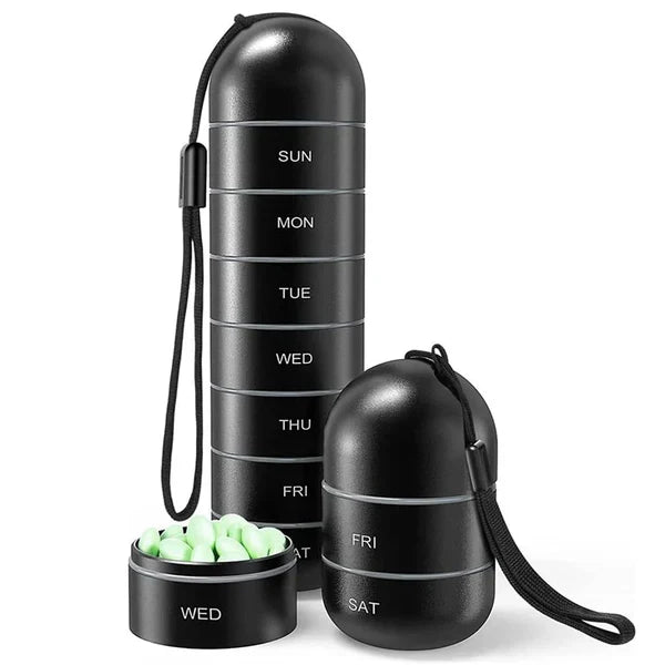 Pill Organizer Aluminum 7 Day Travel Container Waterproof Black - Tophatter Daily Deals